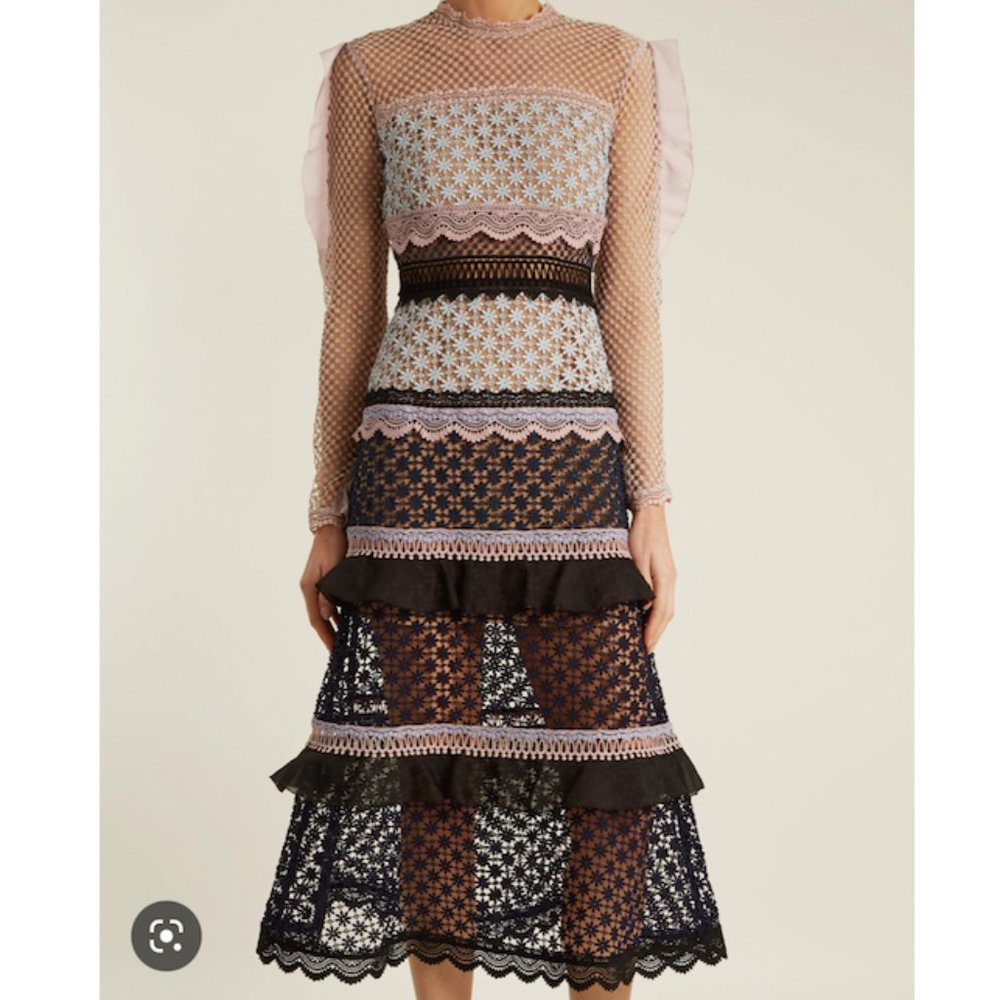 Self Portrait Bellis Lace Midi Dress with Frilled Sleeves